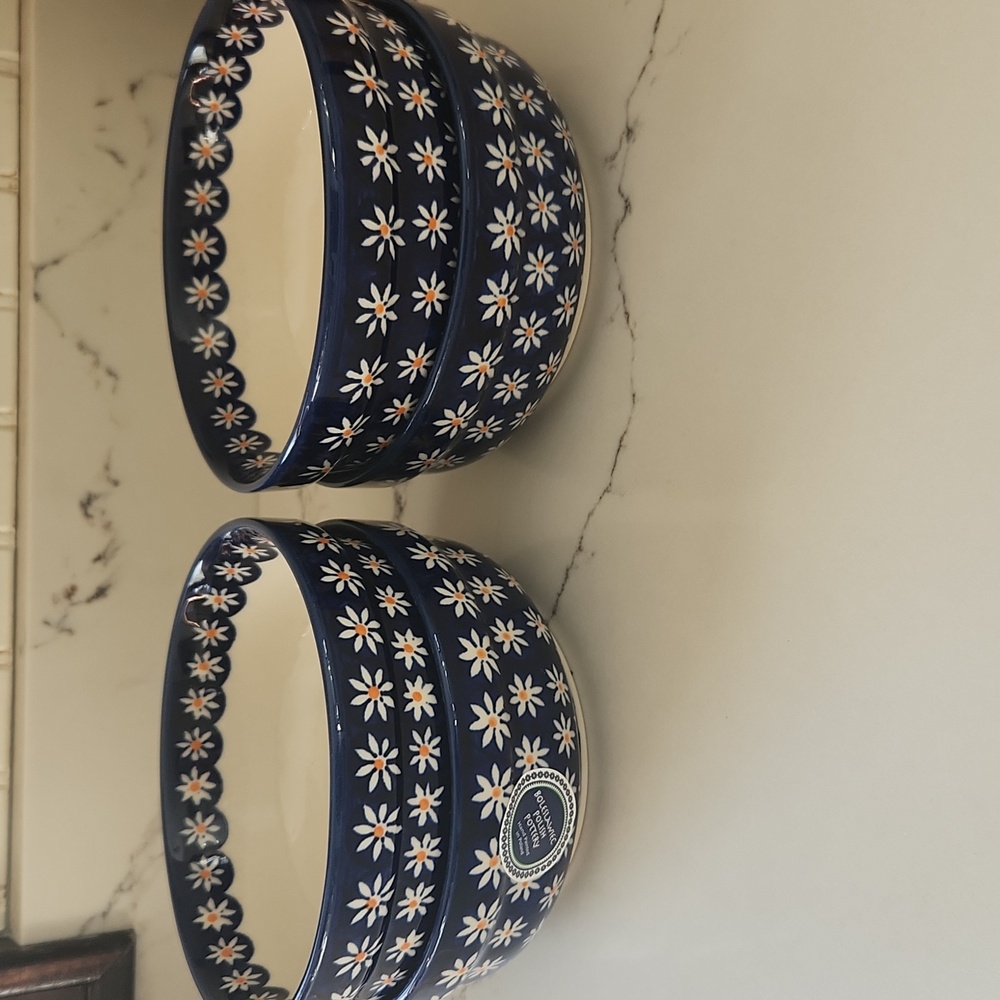 Polish Pottery Blue Daisy Floral Bowls Set Of 4